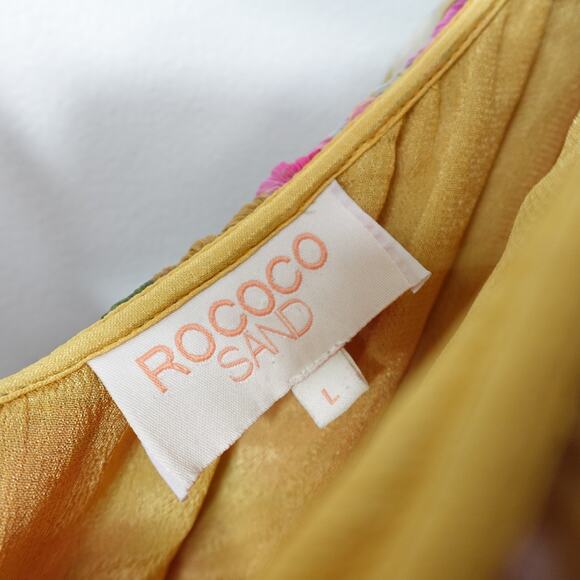 Rococo Sand Avar Belted One Shoulder Peasant Sleeve Yellow Floral Dress Large - Picture 7 of 9